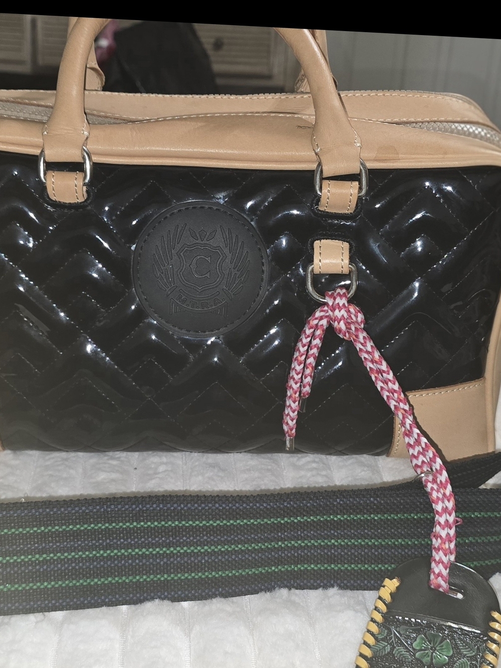 Consuela Black Inked and Tan Satchel with Braided Accent